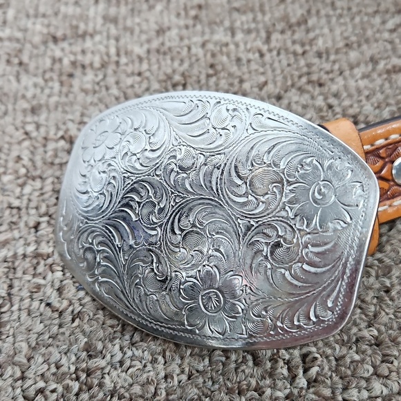 Vtg 1994 Double J Saddlery Bling Horsehair Leather Belt Silver Floral Buckle 32 main image 7